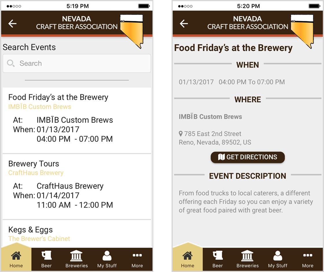 News and Events list in Brewers Marketing app