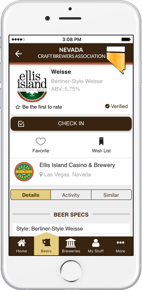 Ellis Island beer displayed in the Nevada craft beer app