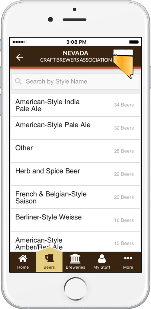 Nevada craft beers displayed by style in the app