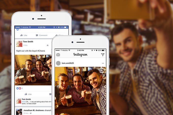 Guys posting beer selfies to Instagram and Facebook